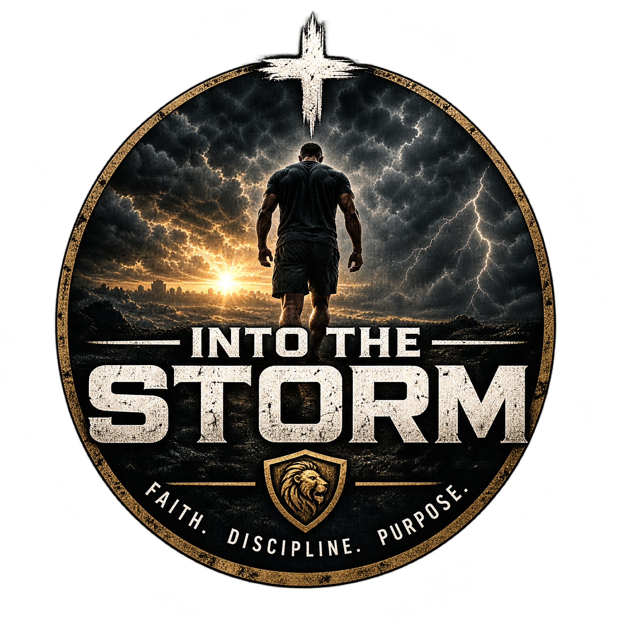 Into the Storm: cross, athlete, and storm emblem. Faith. Discipline. Purpose.